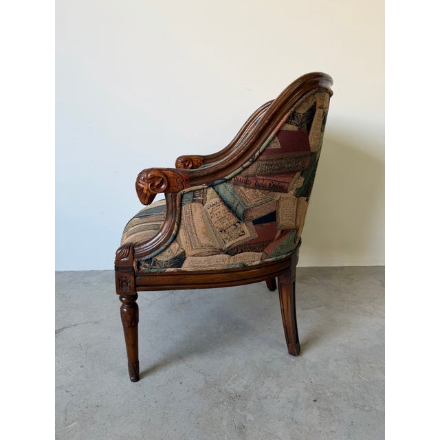 Vintage French Empire Style Carved Ram’s Head Arm Club Chair With Book Motif Upholstery For Sale In Miami - Image 6 of 12