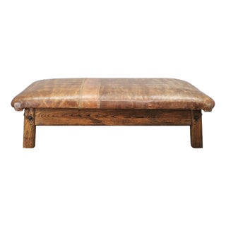 Vintage Czechoslovak Oak and Patinated Leather Gym Bench, 1940s For Sale