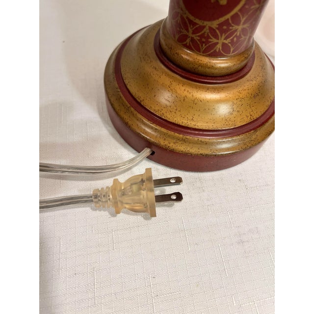 Vintage Chinoiserie Hand Painted Red and Gold Column Table Lamp With Black Shade For Sale - Image 9 of 9