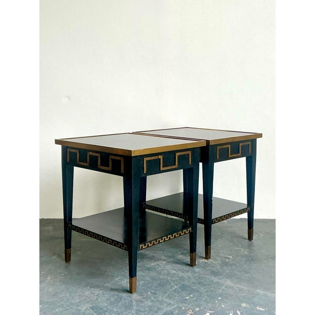 Wood Vintage Regency Greek Key Brass Trim Side Tables - A Pair For Sale - Image 7 of 11