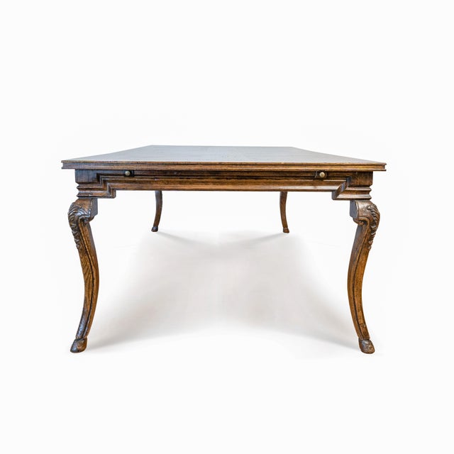 1990s Solid Wood Parquet Dining Table With Cabriole Legs & Hoof Feet – 3 Leaves For Sale - Image 12 of 17