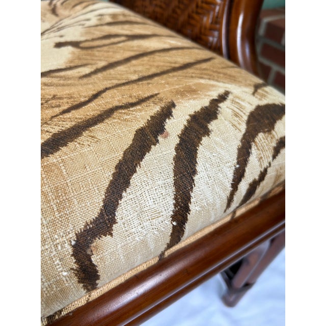 Vintage Bamboo & Rattan Arm Chairs – Pair of Wicker Dining or Accent Chairs With Upholstered Seats For Sale - Image 11 of 12