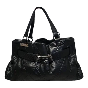Chanel Quilted Black Leather Latch Front Tote Bag