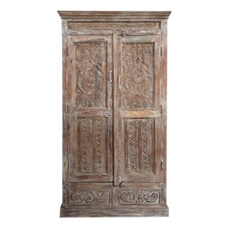 1920s Whitewashed Armoire With Brass Floral Studs – Bar Cabinet Wardrobe For Sale