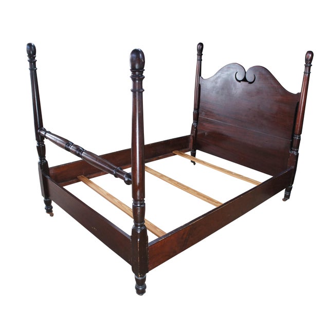 English Antique Mahogany Sheraton Style Full Size 4 Post Open Pediment Bed For Sale - Image 3 of 12