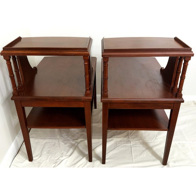 Beautiful vintage Mersman side tables crafted in rich mahogany with elegant Mid-Century Modern and Art Deco styling. These...
