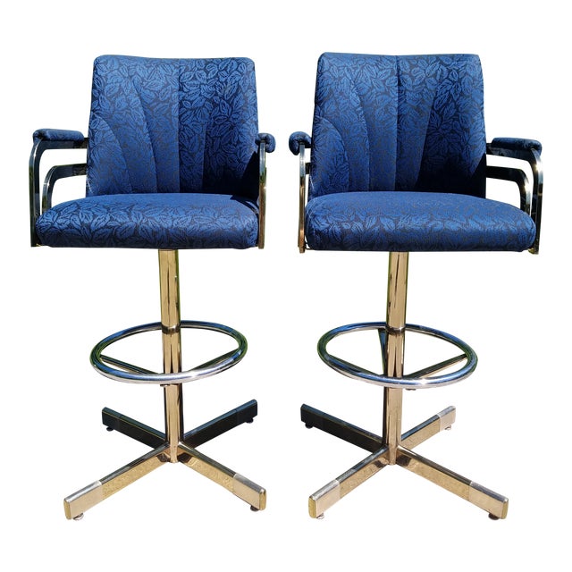 Mid-Century Modern Milo Baughman Brass Frame Swivel Base Bar Stools - a Pair For Sale