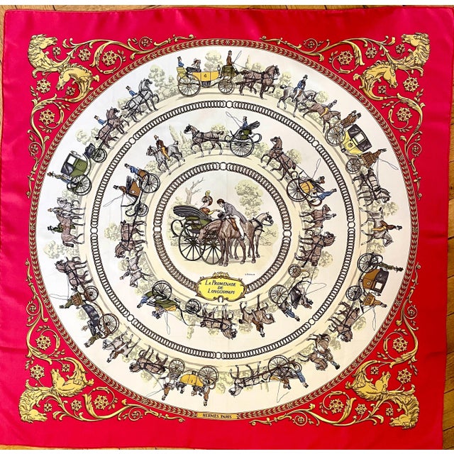 Hermes La Promenade de Longchamps 1970 Red Silk Scarf This scarf represents a traditional and elegant moment in Parisian...
