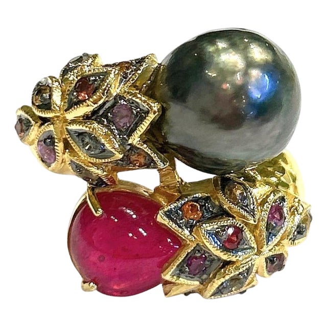 Bochic "Orient" Vintage Black Pearl & Ruby Ring Set In 18K Yellow Gold & Silver For Sale