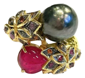 Bochic "Orient" Vintage Black Pearl & Ruby Ring Set In 18K Yellow Gold & Silver