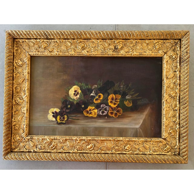 Gold Antique Still Life Painting of Pansy Flowers in Gold-Leaf Frame For Sale - Image 8 of 8