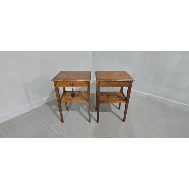 A very nice pair Edwardian mahogany inlaid lamp tables with single drawer with ring handles, in excellent overall...