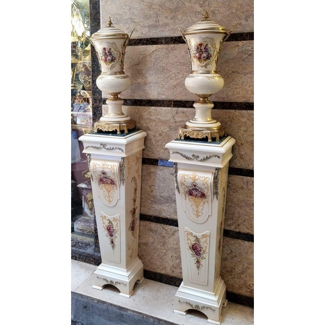 Rococo French-Style Marble Pedestal With Decorative Porcelain Vase – Gold & Silver Leaf Details Set of 2 For Sale - Image 3 of 5