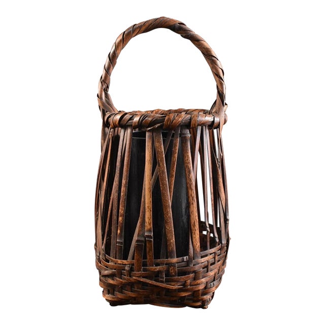 1920s Japanese Bamboo Basket Ikebana Tea Ceremony Flower Antique Vase Vintage Signed For Sale
