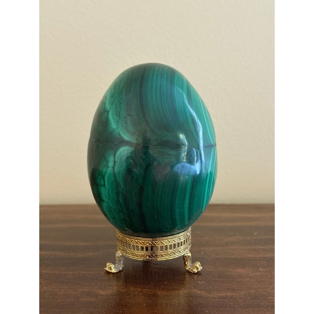 Metal Large Solid Malachite Egg on Neoclassical Brass Stand With Paw Feet For Sale - Image 7 of 10