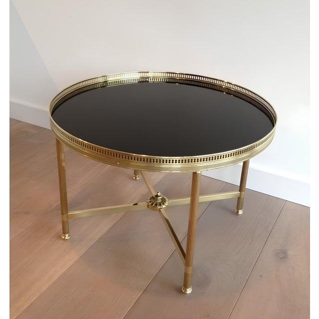 1940s 1940s Round brass coffee table with black lacquered glass top Attributed to Maison Jansen For Sale - Image 5 of 9