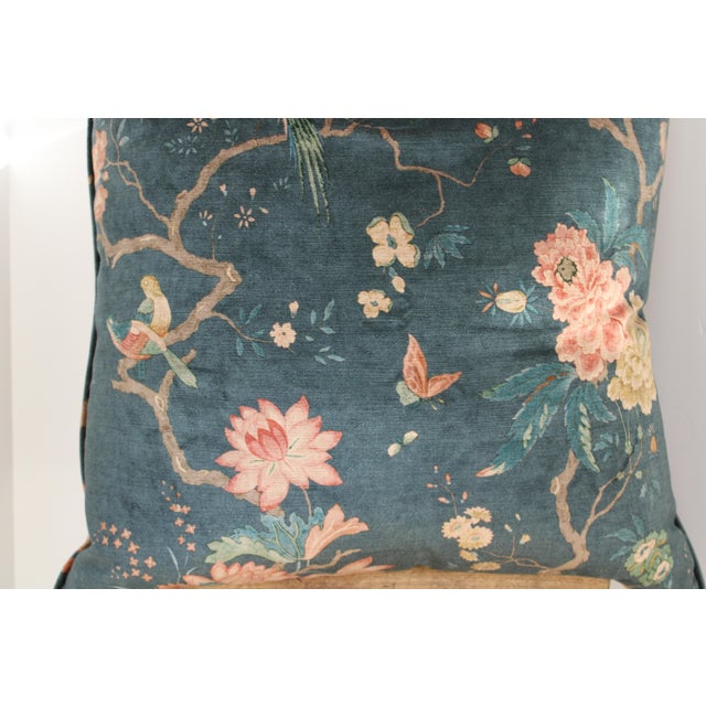 Early 21st Century Scalamandre Style Velvety Chenille Bird Chinoiserie Botanical Pillow 24"x 24"/Down Insert For Sale - Image 5 of 6
