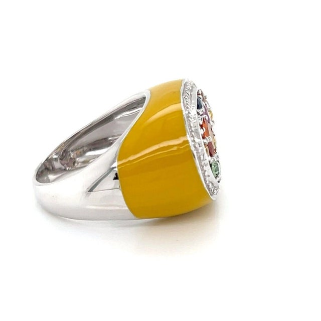 Contemporary Multicolor Sapphire & Yellow Enamel 14k White Gold Top Ring - Size 6.5 For Sale - Image 3 of 6