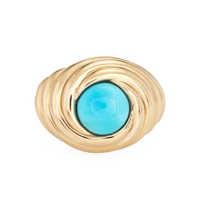Modern Mid 20th Century Turquoise Swirl Ring Size 9 Estate 14k Rose Gold Cocktail Fine Jewelry For Sale - Image 3 of 7
