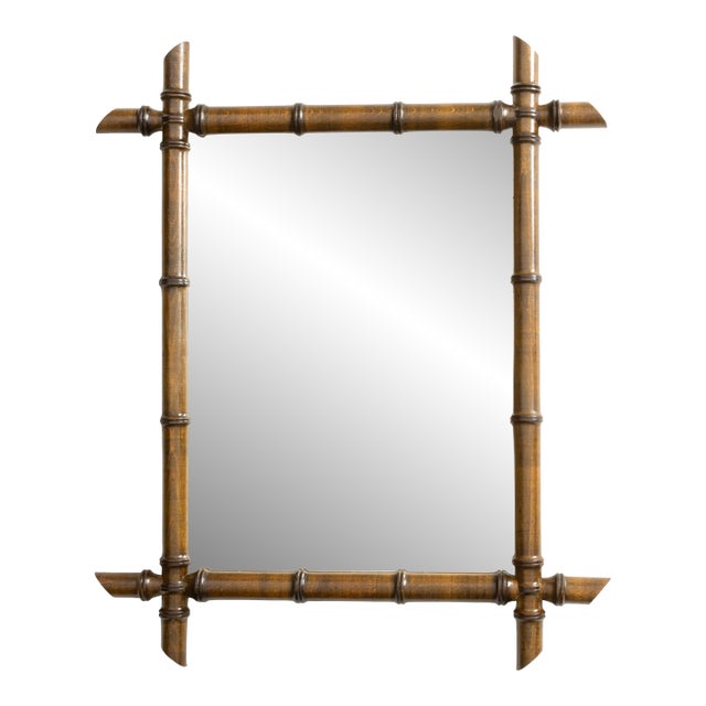 French 1920s Rectangular Faux Bamboo Walnut Mirror with Brown Patina For Sale