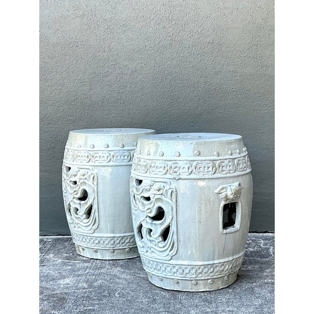 Vintage Glazed Ceramic Garden Stools - A Pair For Sale - Image 10 of 12