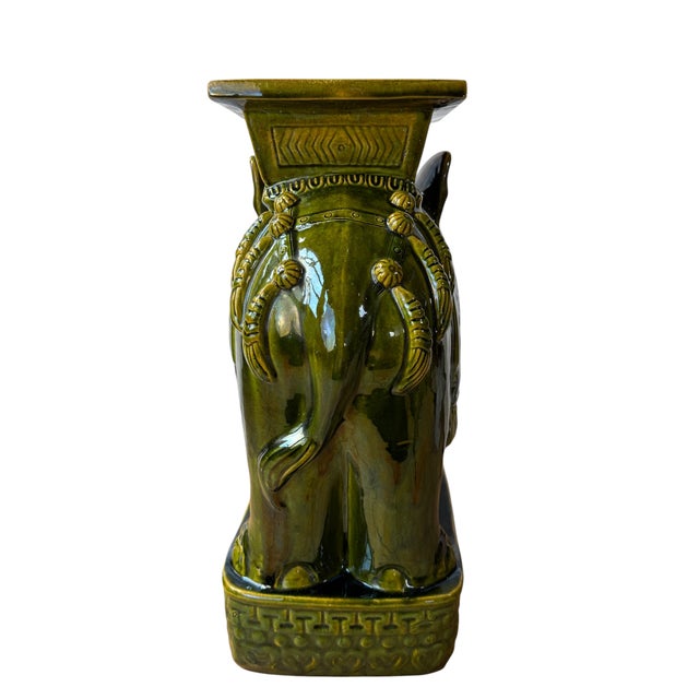 Olive Mid 20th Century Green Glazed Ceramic Elephant Garden Stool / Plant Stand For Sale - Image 8 of 12