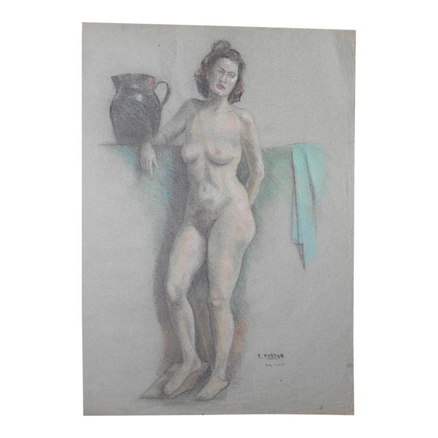 Vintage Signed Pastel Drawing-Full Length Female Nude by E. Foster- 20.25"x 25" For Sale