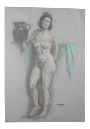 Vintage Signed Pastel Drawing-Full Length Female Nude by E. Foster- 20.25"x 25"