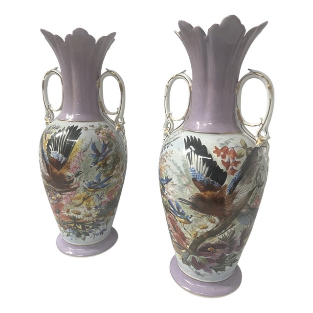 Polychrome Porcelain Vases, 19th Century, Set of 2 For Sale