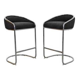 Mid Century Modern Thonet Style Chrome Plush Bar Stools- A Pair For Sale