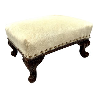 Antique French Carved Oak Footstool W/Cowhide For Sale
