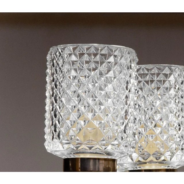 Metal Brass and Glass Chandelier attributed to Carl Fagerlund for Orrefors Sweden For Sale - Image 7 of 9