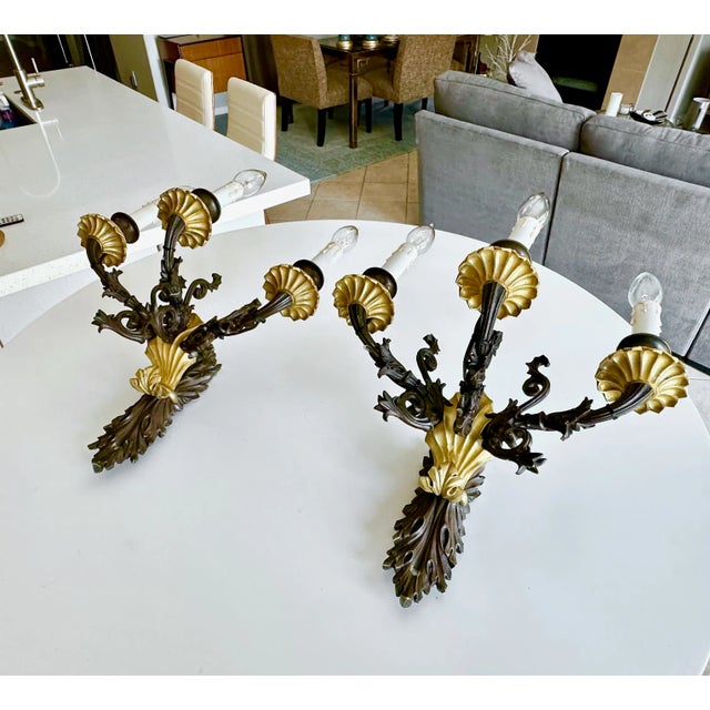 Pair French Empire 3 Arm Bronze Wall Sconces For Sale - Image 4 of 18