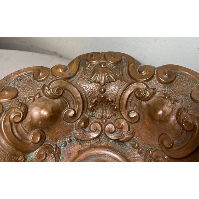Antique Ornate Hand Tooled Hammered Footed Copper Centerpiece Fruit Bowl Basket For Sale - Image 4 of 12