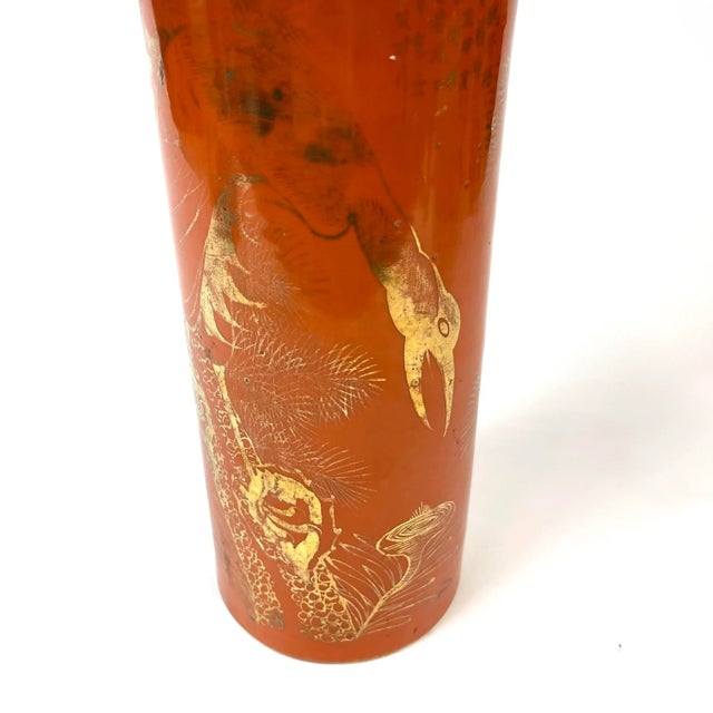 Chinese Mid 19th Century Orange Vase With Gold Gild Stork For Sale - Image 3 of 11