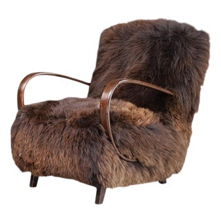 Dutch Sheepskin and Bentwood Lounge Chair from Jindřich Halabala, 1940s For Sale