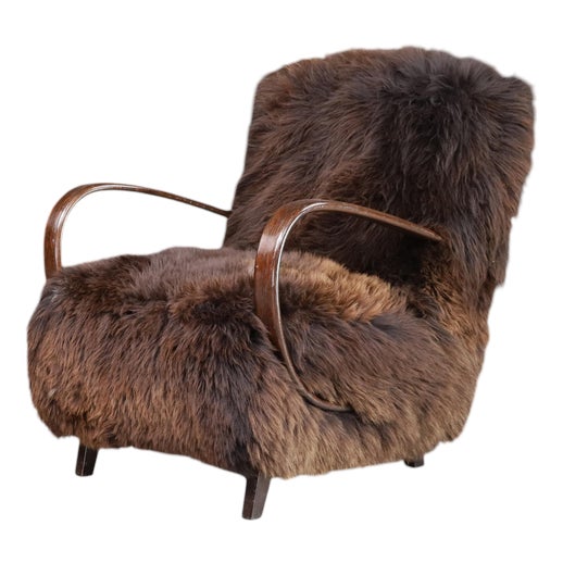 Dutch Sheepskin and Bentwood Lounge Chair from Jindřich Halabala, 1940s For Sale
