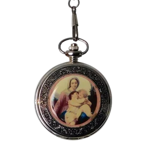 Round Shape Lady & Baby Hugging Painting Chain Pocket Watch