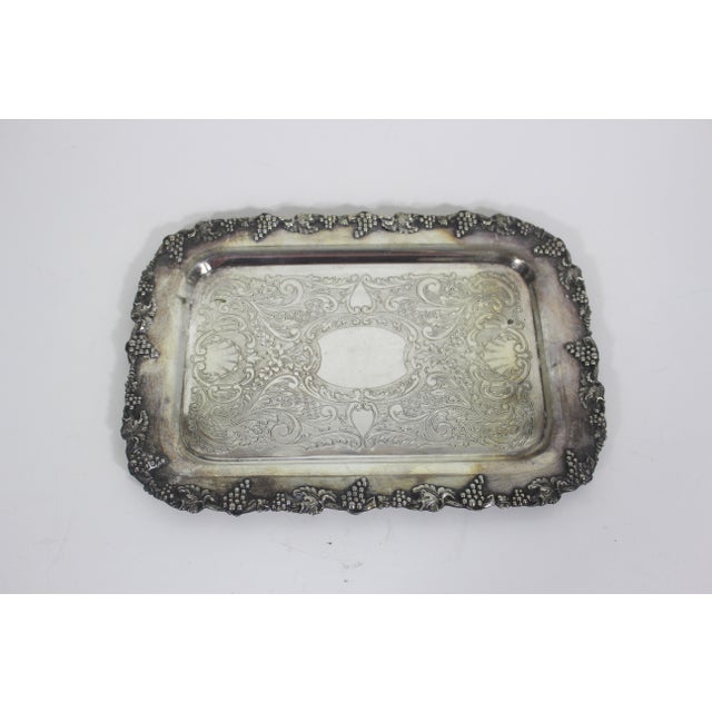 English Small Silver Plated Tray, Raised Grape Edge Embossed Detail, Vintage Plate Old English Reproduction Rectangular Serving Dish For Sale - Image 3 of 10