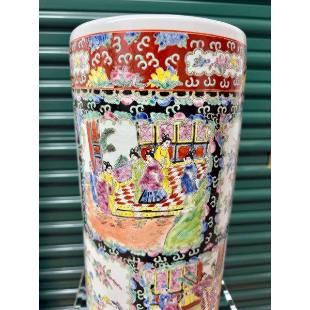 Monumental 1970s Black Ground Famille Rose Porcelain Umbrella Stand - Tony Duquette Style For Sale - Image 9 of 12