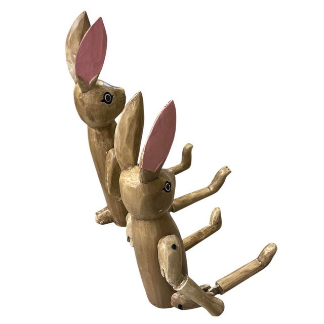 Whimsical Hand-Carved & Articulated Wooden Rabbit Pair For Sale In West Palm - Image 6 of 10
