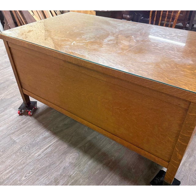Antique American Arts & Crafts Mission Tiger Oak Executive Desk Partner Desk For Sale - Image 17 of 17