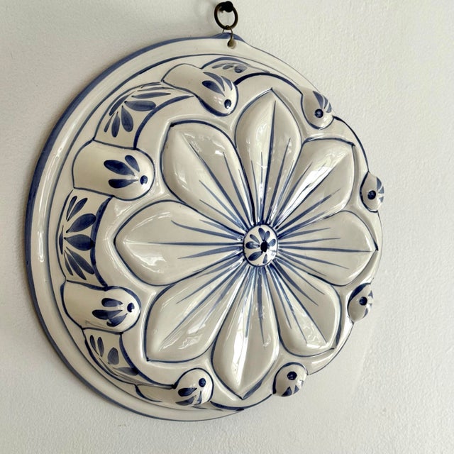 Bordallo Pinheiro Vintage Blue and White Ceramic Flower Wall Mold For Sale - Image 4 of 6