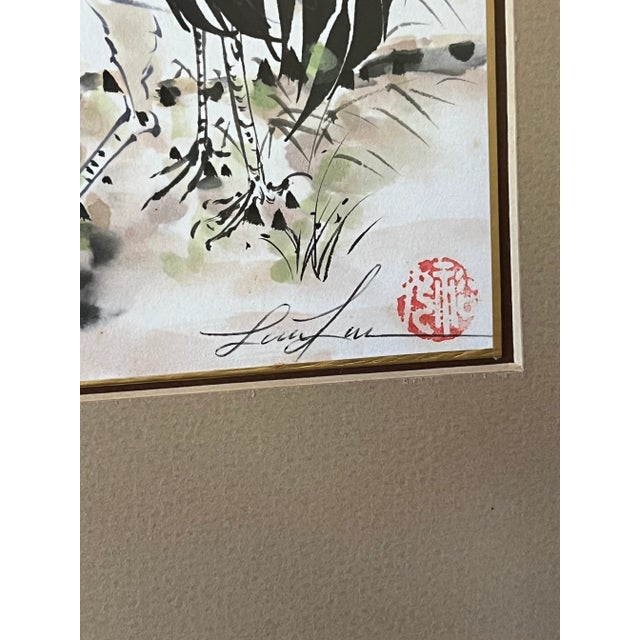 Chinoiserie Framed Signed Red Crowned Crane Watercolor Painting For Sale - Image 3 of 5