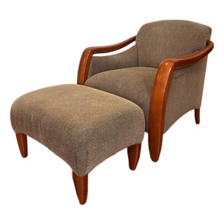 Restoration Hardware Picasso Arm Chair & Ottoman Tan/Black Checkered Upholstery For Sale