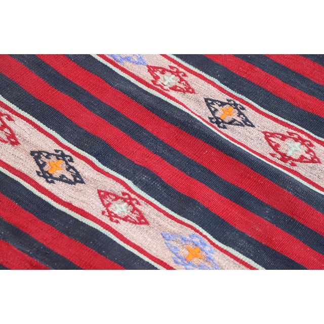 1960s Cabin Style Hand Knotted Stripe Design Red Oushak Kilim Runner Rug For Sale - Image 4 of 10