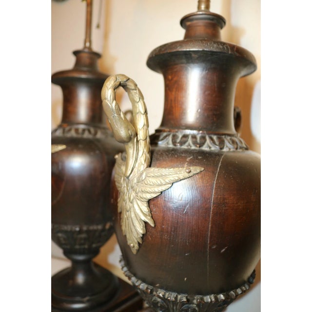 Brass 1940s Pair of 2 Large Antique Hand Carved Wood Brass Swan Sculpture Urn Style Lamps For Sale - Image 8 of 12
