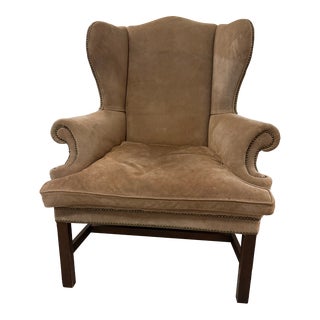 Ralph Lauren Tan Suede Wingback Chair For Sale