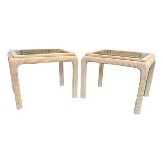 Pair of Vintage 1980s Rattan & Glass Waterfall End Tables – Mid Century Coastal Palm Beach Regency Tables For Sale