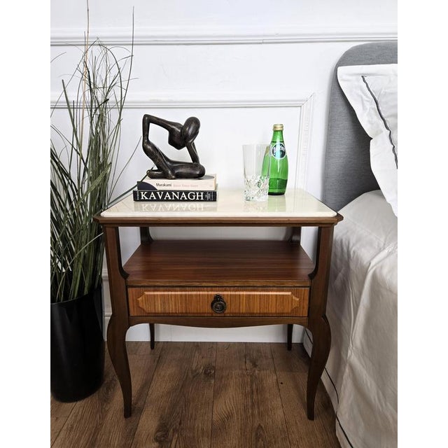 Mid-Century Modern Italian Wood Bedside Tables with Marble Tops, 1950s, Set of 2 For Sale - Image 3 of 10